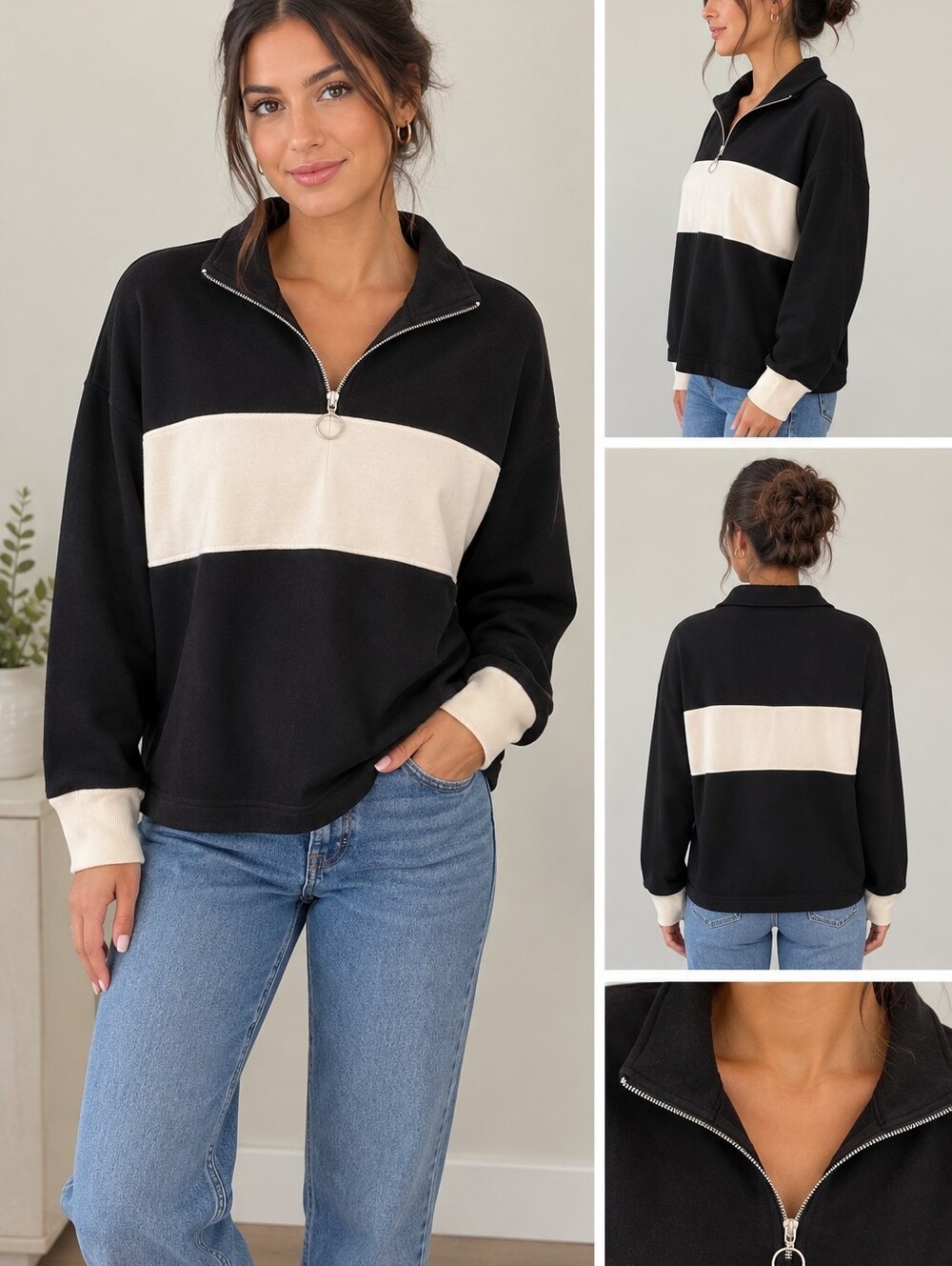 Black and Cream Women's Pullo Over Top - Small